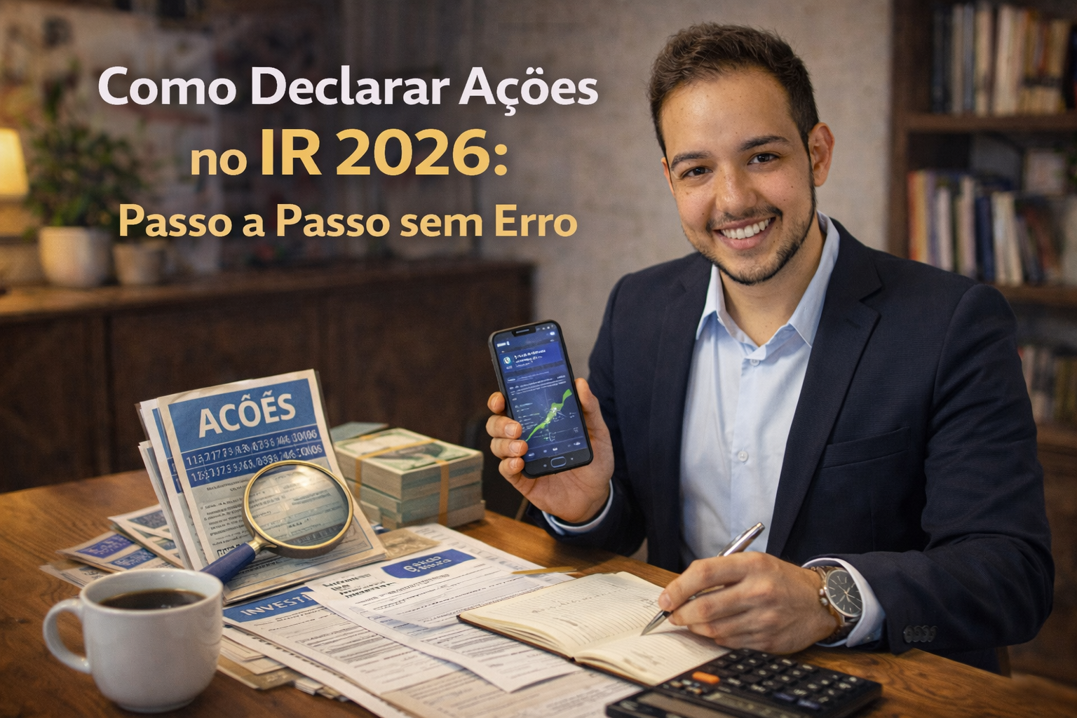 Como Declarar Ações no IR 2026: Passo a Passo sem Erro - Adriano Freire segurando smartphone com gráfico de ações