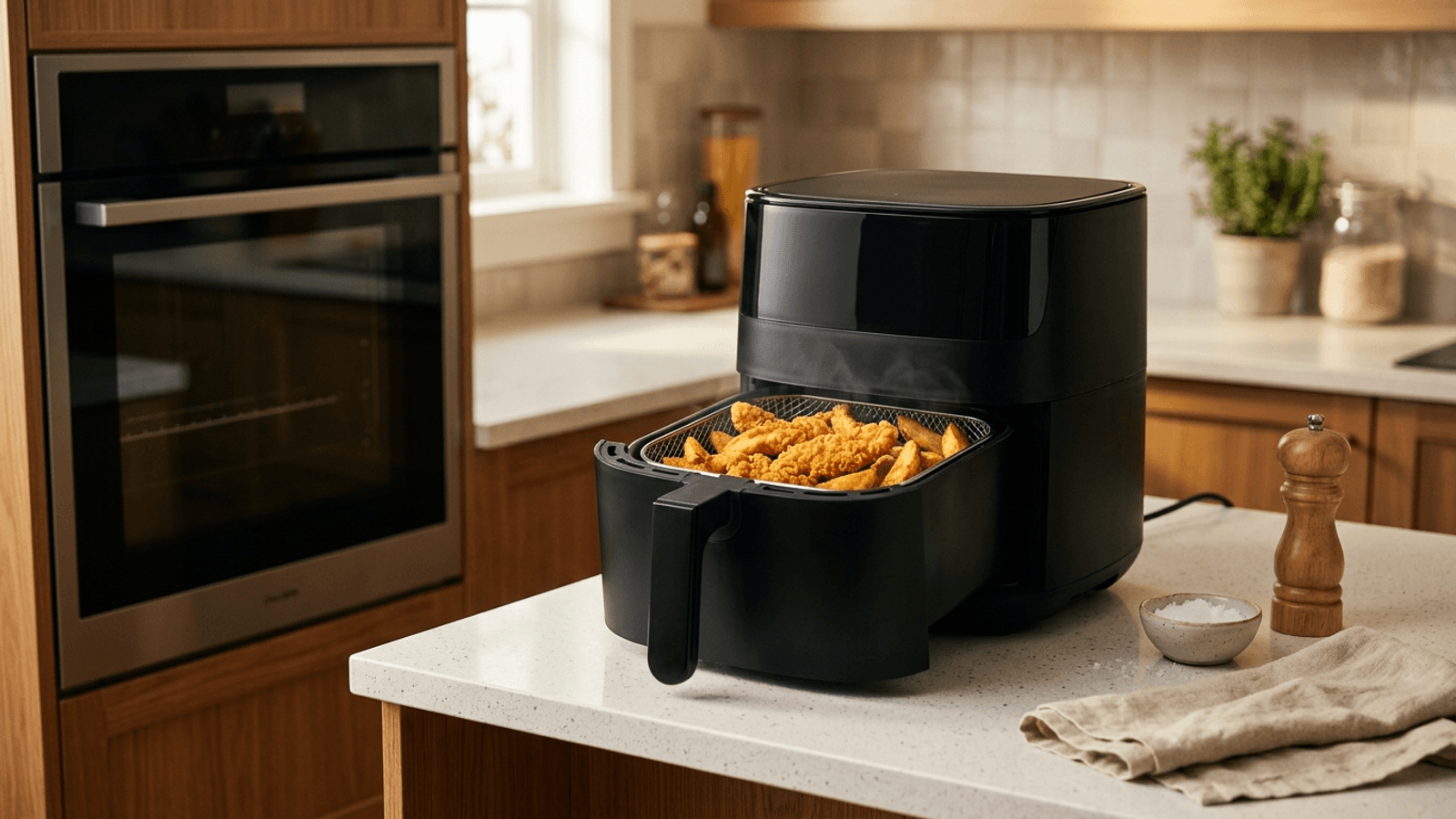 Air fryer ao lado de um forno elétrico numa cozinha, com um medidor de energia mostrando o consumo