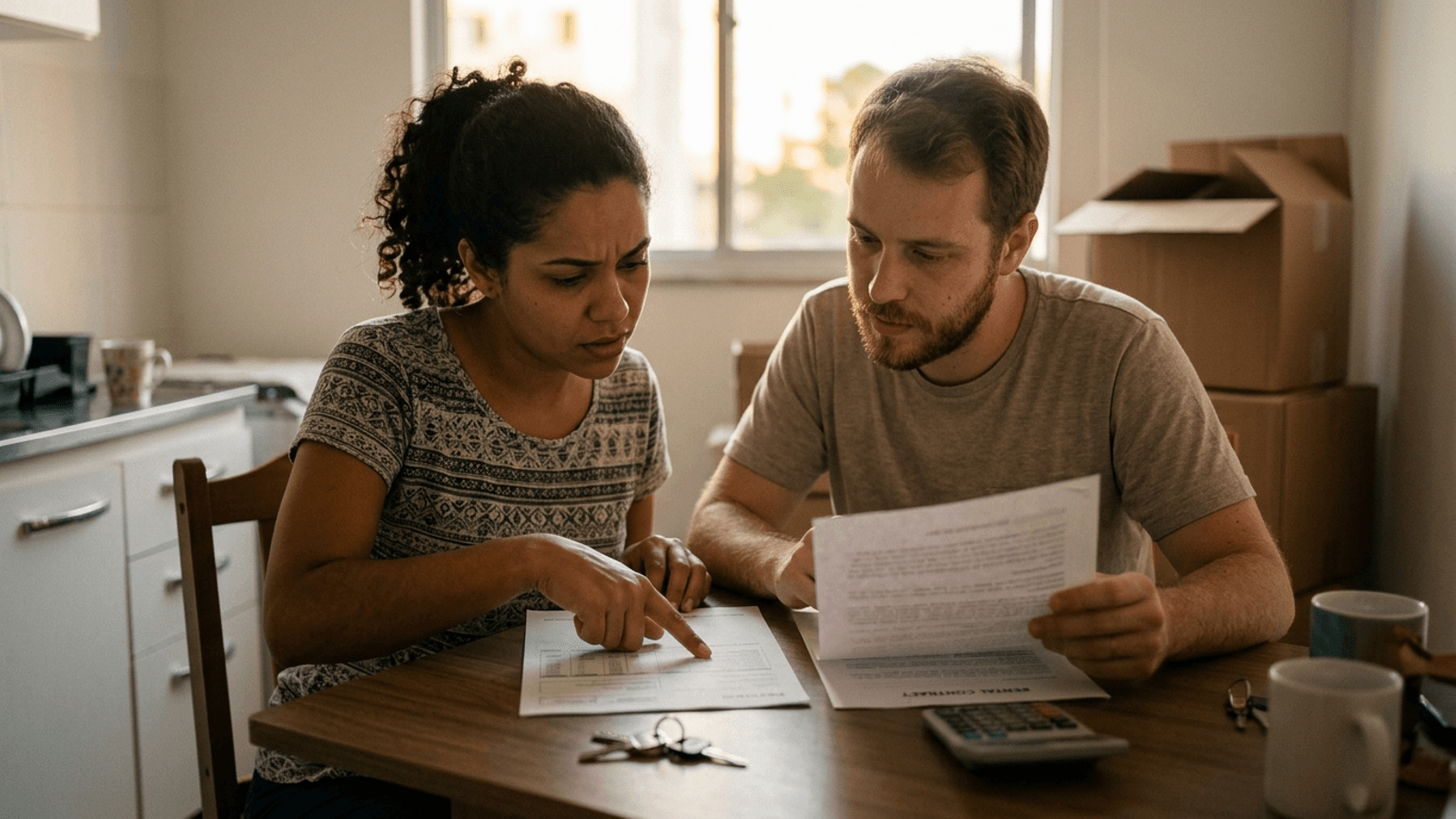 Casal brasileiro analisando contrato de aluguel e holerite na mesa da cozinha do apartamento