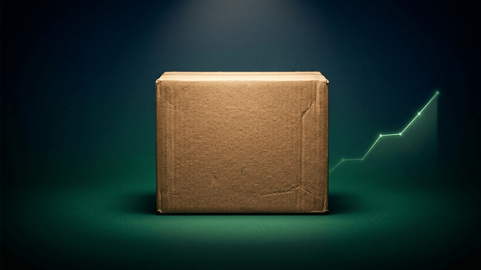 Caixa de entrega da Amazon com o símbolo do Prime ao lado de uma calculadora e um gráfico de rendimento