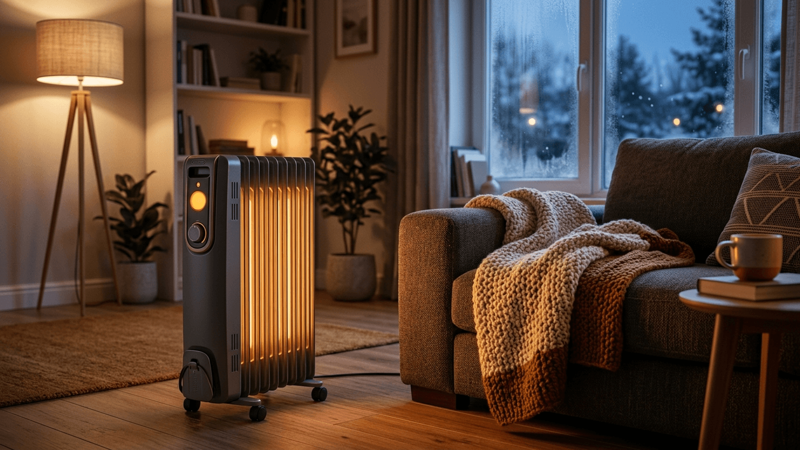Aquecedor elétrico ligado num ambiente aconchegante de inverno ao lado de um medidor de energia e da conta de luz