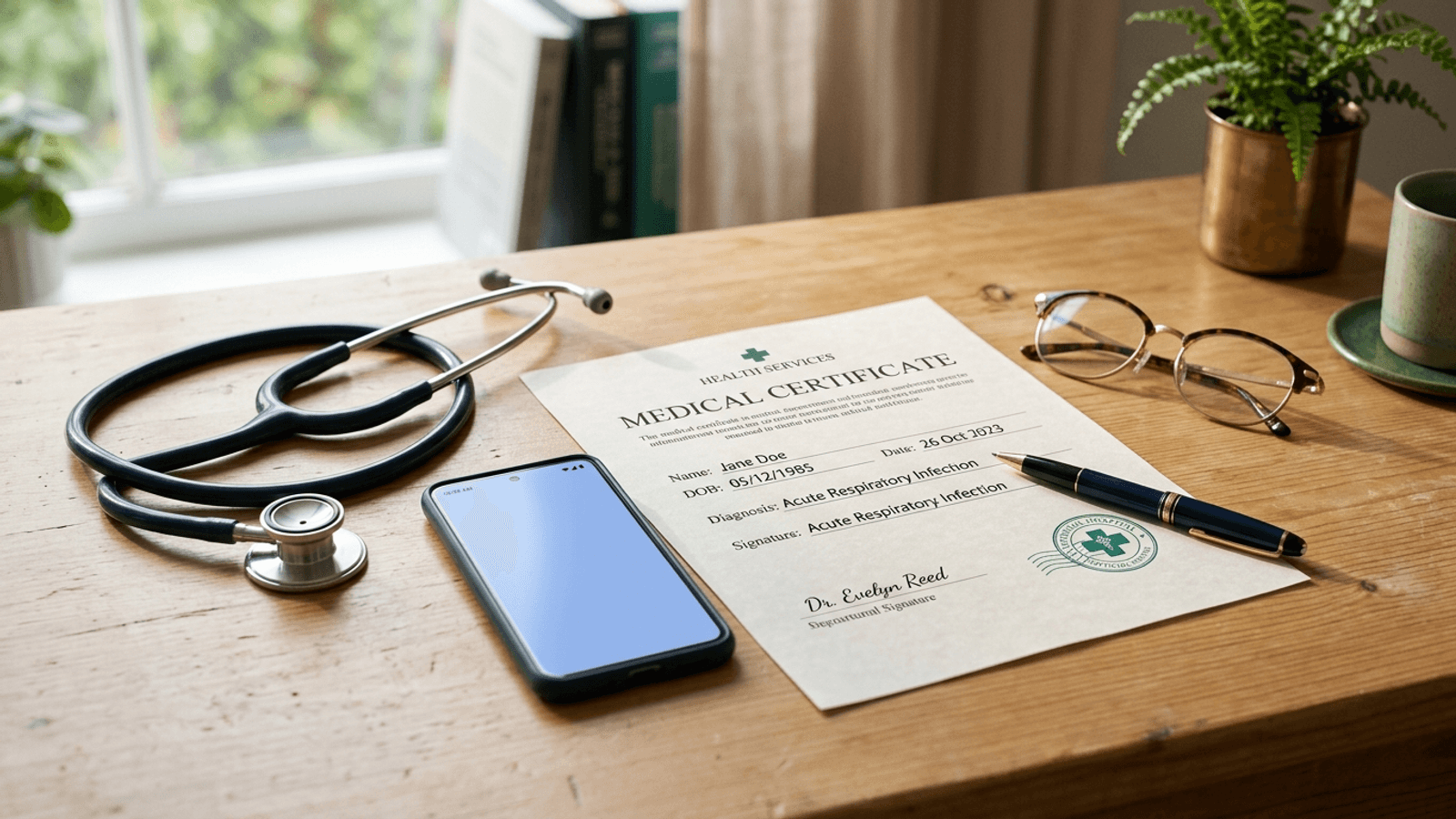 Atestado médico ao lado de celular com aplicativo do INSS — auxílio-doença 2026, valor e como pedir sem perícia