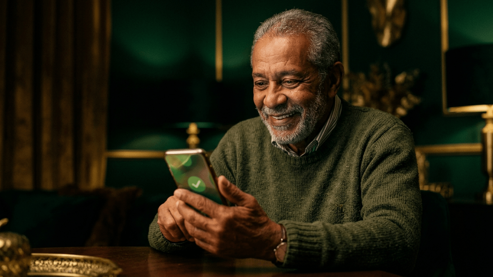 Aposentado brasileiro olhando o celular com expressão aliviada ao conferir o pagamento do INSS