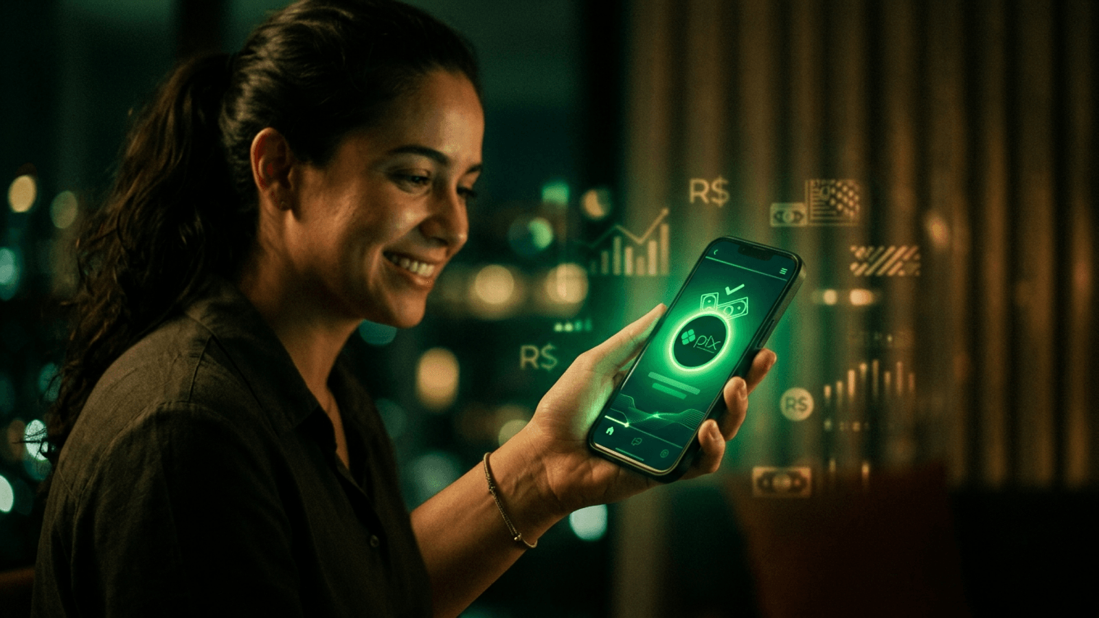 Pessoa brasileira aliviada segurando celular com notificação de Pix recebido do cashback do Imposto de Renda