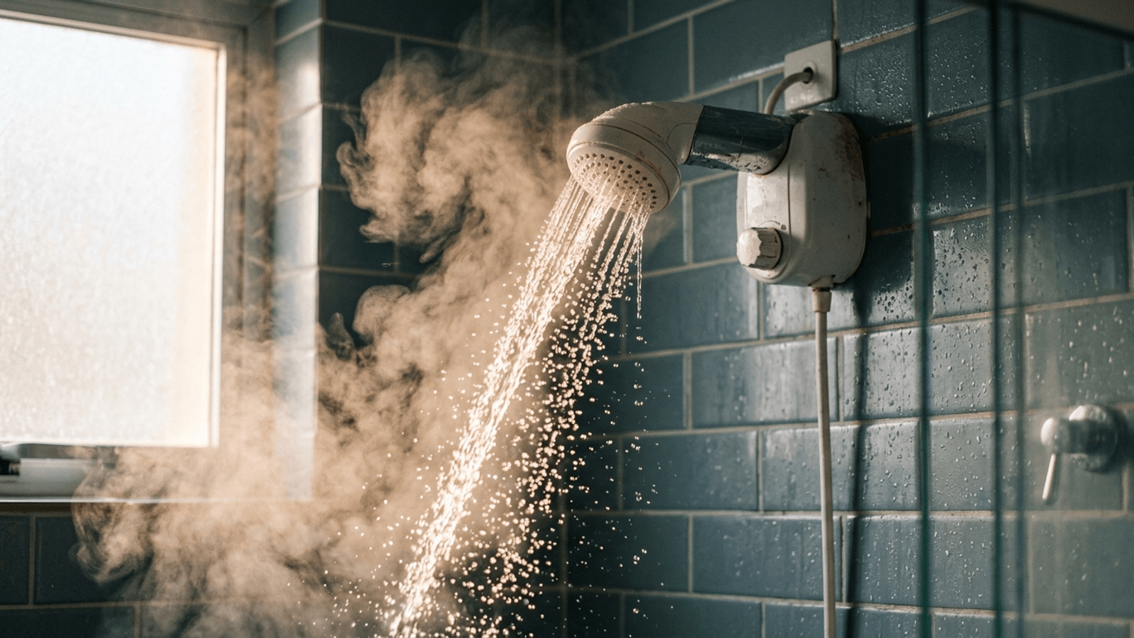 Chuveiro elétrico ligado em banheiro brasileiro com vapor, ao lado de um medidor de energia e da conta de luz