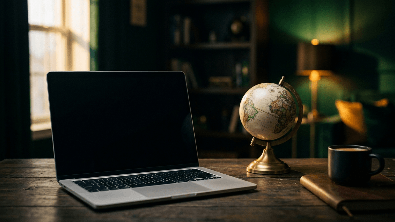 Notebook e um pequeno globo sobre uma mesa de trabalho, representando o freelancer que recebe de clientes no Brasil e no exterior e precisa declarar no Imposto de Renda 2026