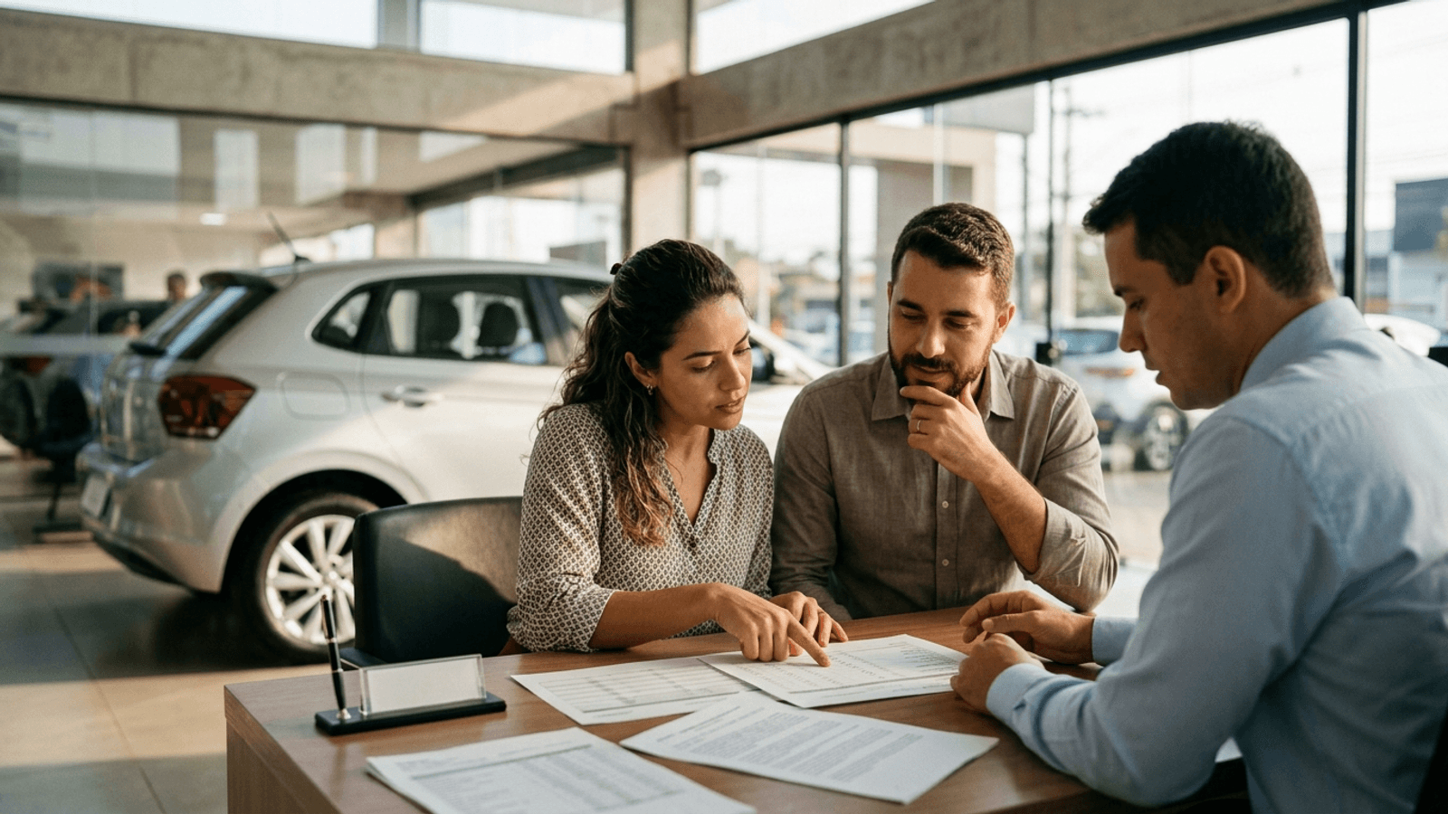 Casal brasileiro na concessionária analisando a proposta de financiamento de um carro com atenção ao custo total