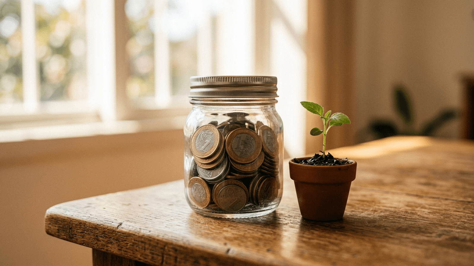 Pote de vidro com moedas de real ao lado de um pequeno broto verde crescendo, simbolizando investir para o futuro de um filho