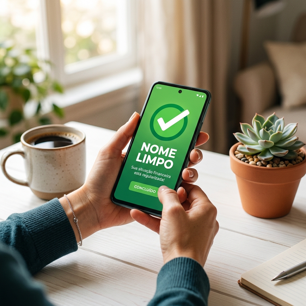 Pessoa segurando celular com confirmação de nome limpo na tela