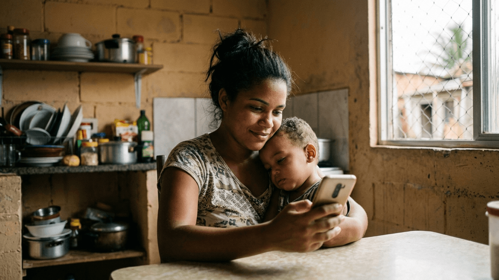 Mãe brasileira com o filho no colo consultando o benefício do Bolsa Família no celular, com expressão de esperança