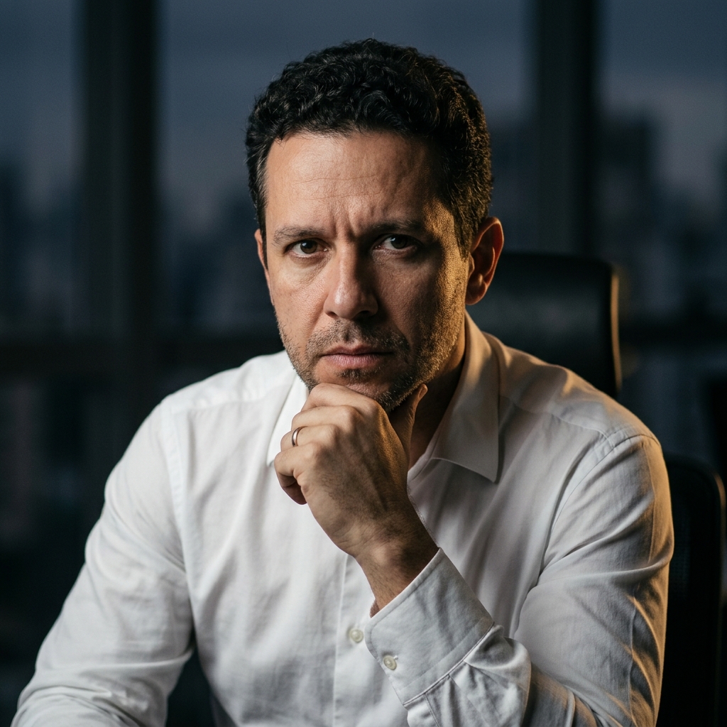 Analista financeiro pensativo representando a expectativa do mercado para o Copom de junho de 2026 e a decisao sobre a Selic