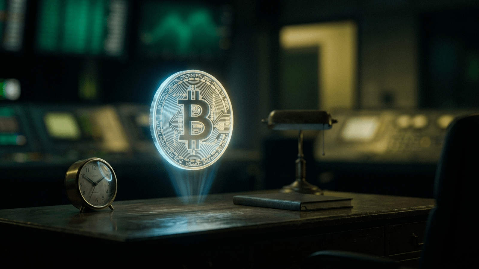 Holograma de moeda de Bitcoin flutuando sobre mesa escura representando ETFs de Bitcoin negociados na B3