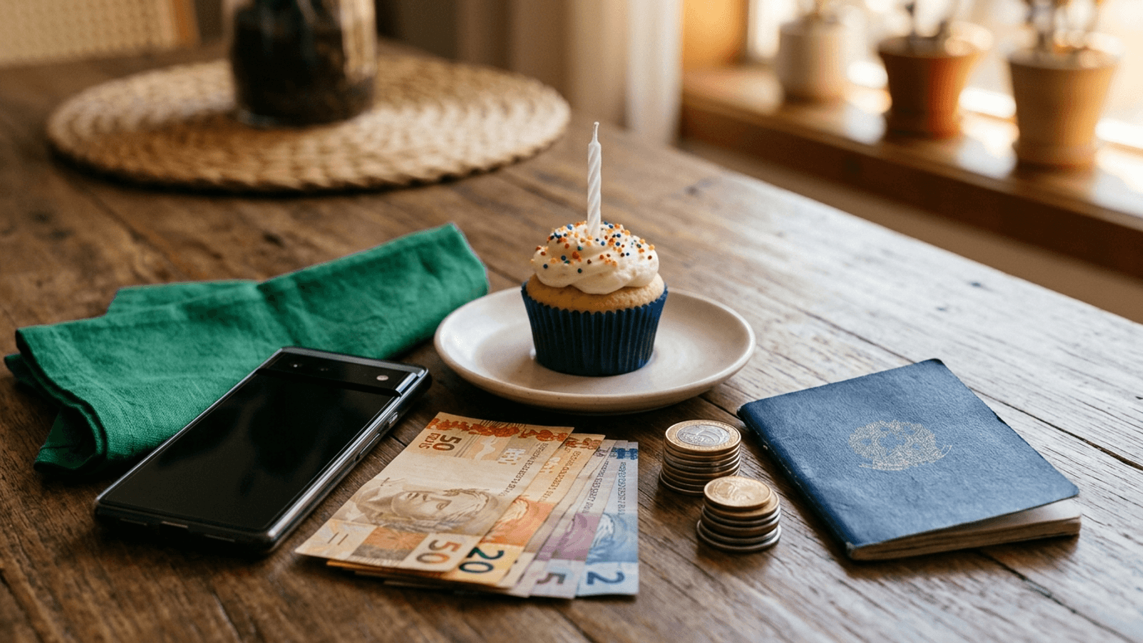 Carteira de trabalho e celular com aplicativo bancário sobre mesa com bolo de aniversário ao fundo — saque-aniversário do FGTS de julho de 2026