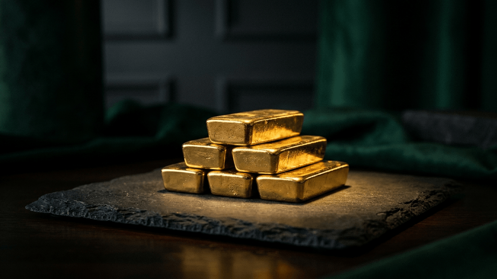 Barras de ouro empilhadas sob luz dourada, representando a tributação do ouro no Imposto de Renda