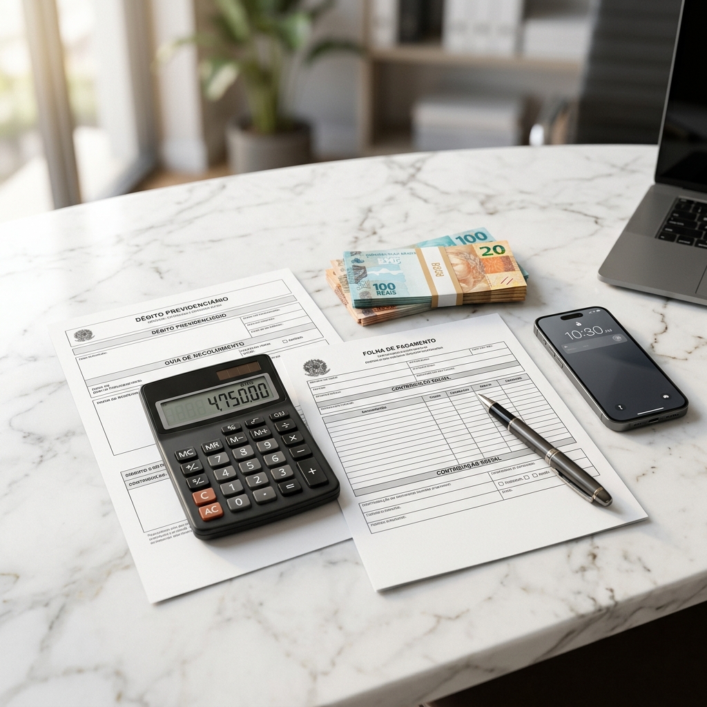 Documentos de contracheque e calculadora sobre mesa de trabalho representando o cálculo do desconto do INSS 2026