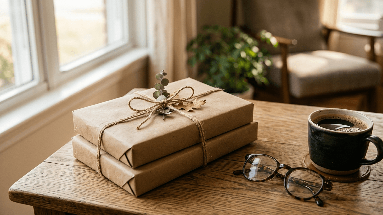 Livros embrulhados como presente de Dia dos Pais sobre uma mesa com óculos de leitura e uma xícara de café