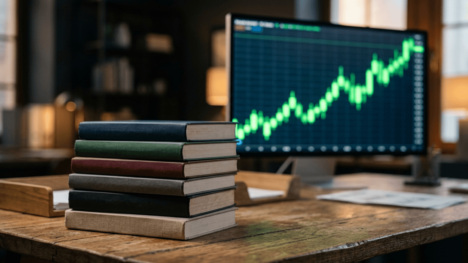 Pilha de livros de investimentos sobre mesa de madeira com gráfico da bolsa ao fundo — os melhores livros para investir em 2026