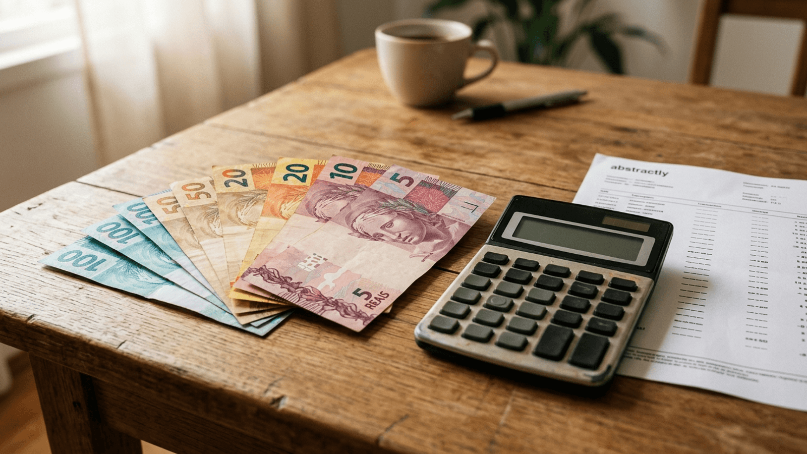 Notas de real ao lado de um extrato e de uma calculadora — o que fazer com a restituição do Imposto de Renda de 2026