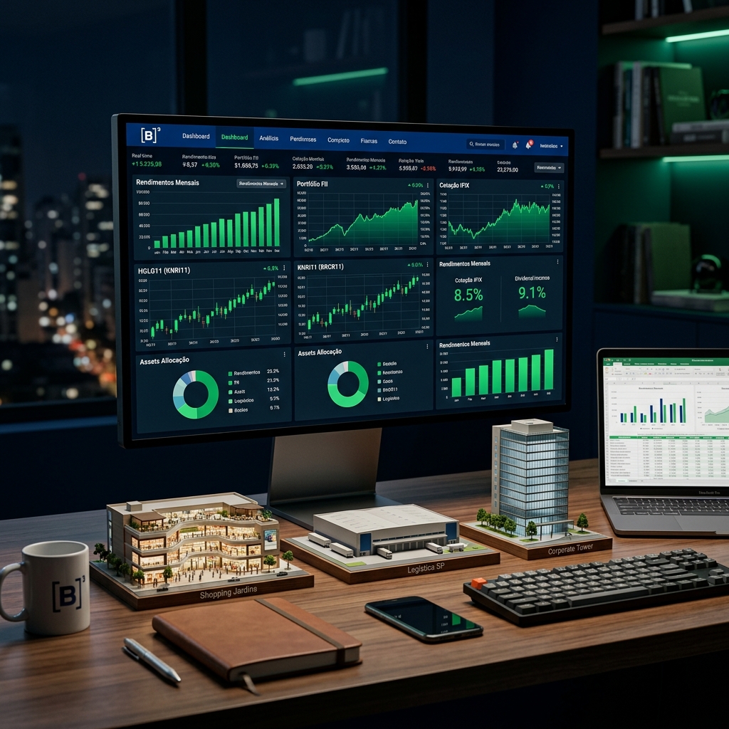 Monitor mostrando dashboard de FIIs na B3 com maquetes de imóveis comerciais ao redor