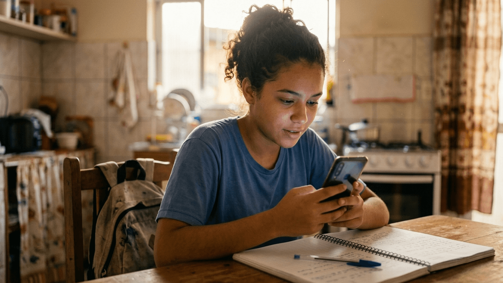 Estudante brasileiro de ensino médio conferindo o aplicativo do banco no celular sentado na mesa de casa com o material escolar ao lado