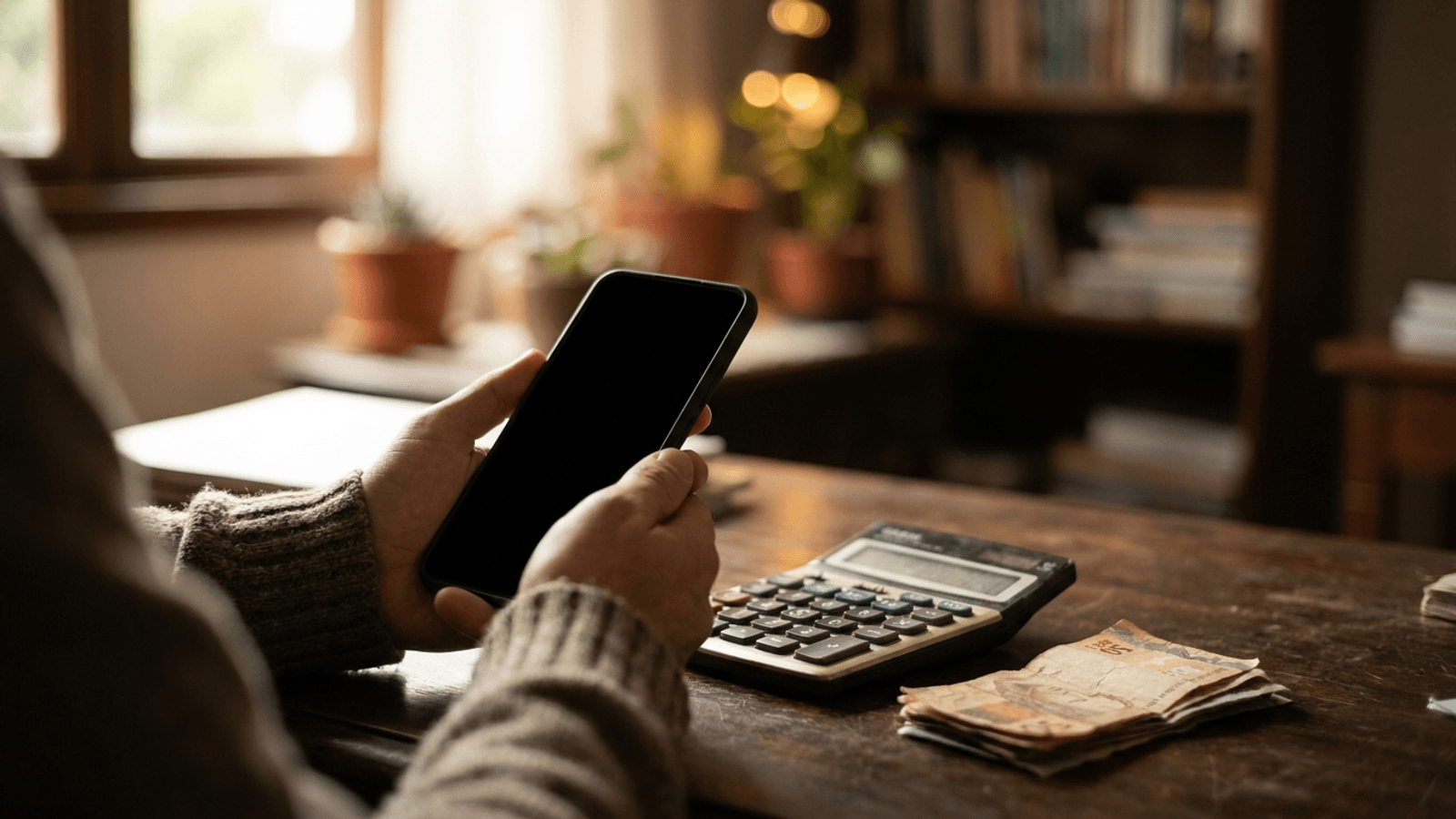 Mãos com celular, calculadora e dinheiro — Pix parcelado vale a pena? Veja os juros em 2026