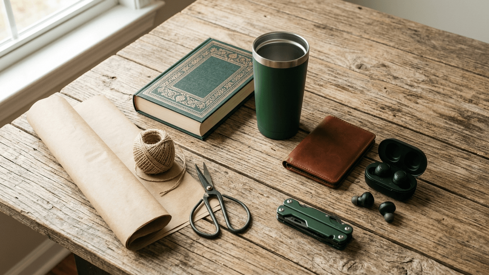 Presentes acessíveis de Dia dos Pais sobre mesa: livro, copo térmico, carteira de couro e fone bluetooth