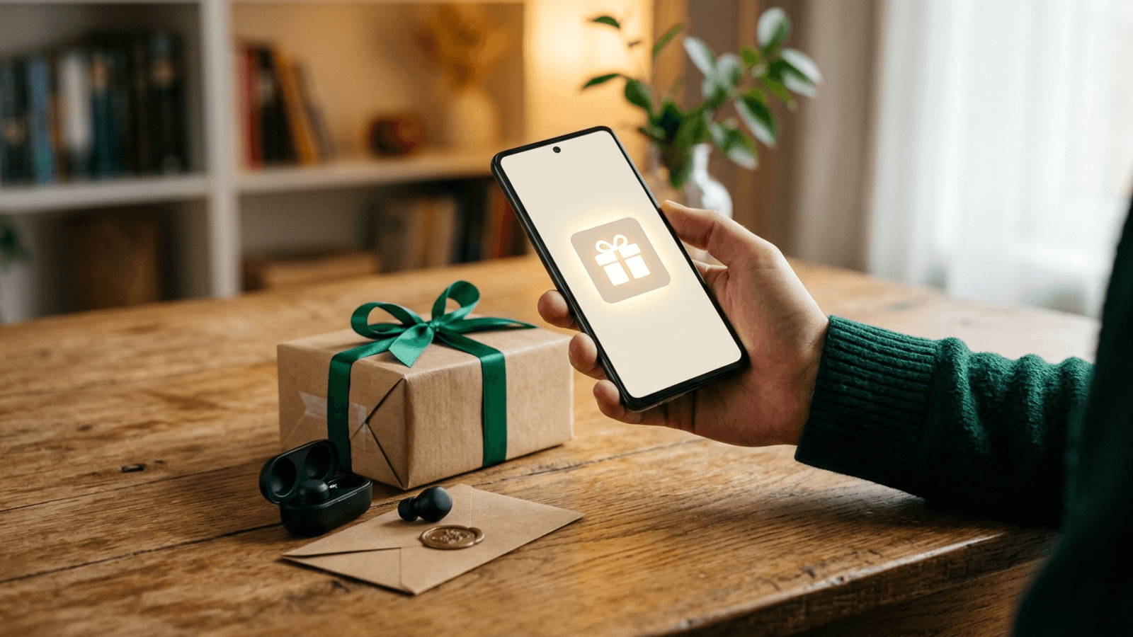 Celular mostrando presente digital ao lado de caixa de entrega rápida — presente de última hora para o Dia dos Pais