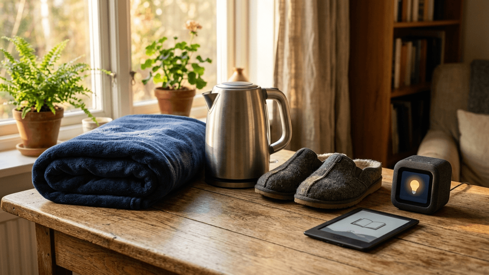 Presentes úteis para pai idoso: manta macia, chaleira elétrica, medidor de pressão, Kindle e Echo Show sobre uma mesa