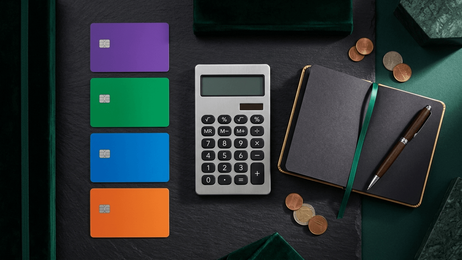 Quatro cartões de bancos digitais lado a lado sobre mesa com calculadora — qual conta rende mais em 2026