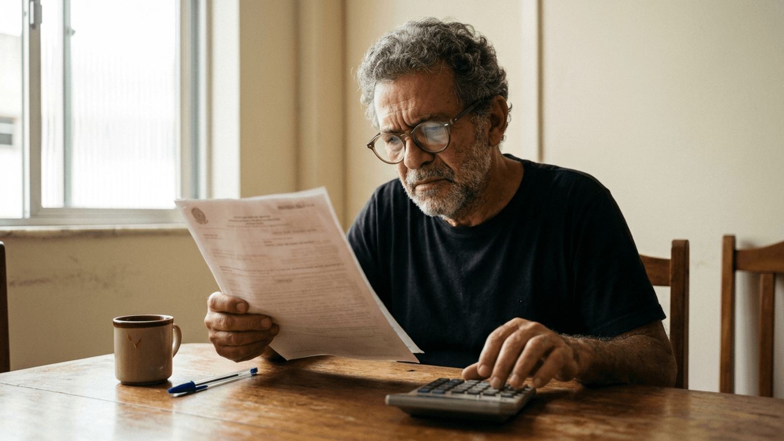 Aposentado brasileiro conferindo a carta de concessão do INSS impressa ao lado de uma calculadora sobre a mesa