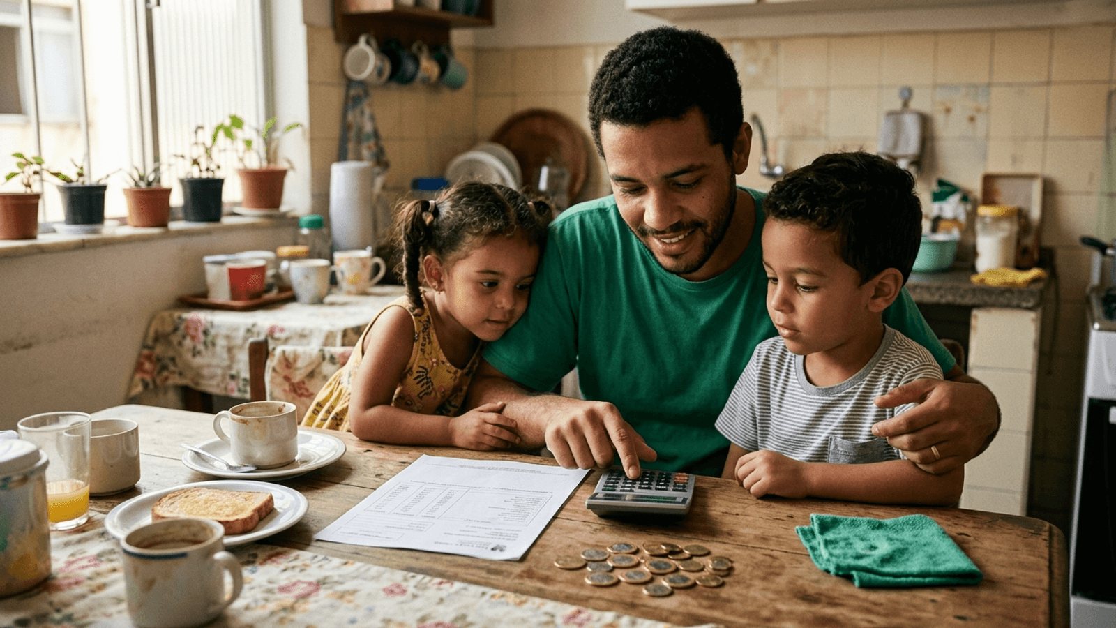 Família com crianças ao lado de holerite e calculadora — salário-família 2026, valor por filho e quem tem direito