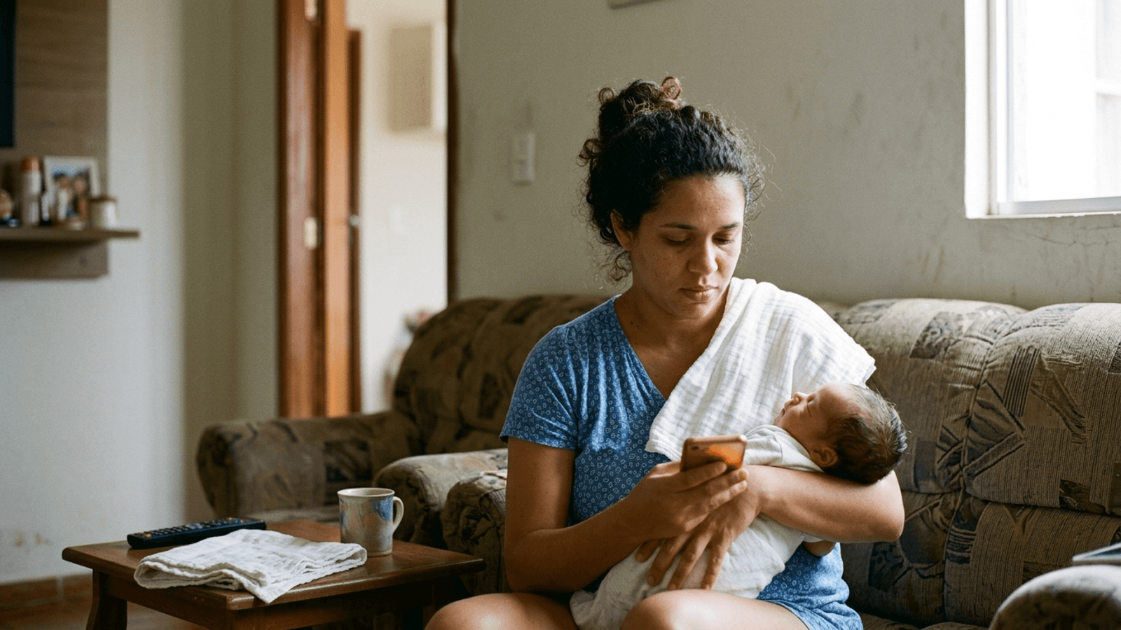Mãe brasileira segurando o bebê no colo enquanto consulta o celular sentada no sofá da sala de casa