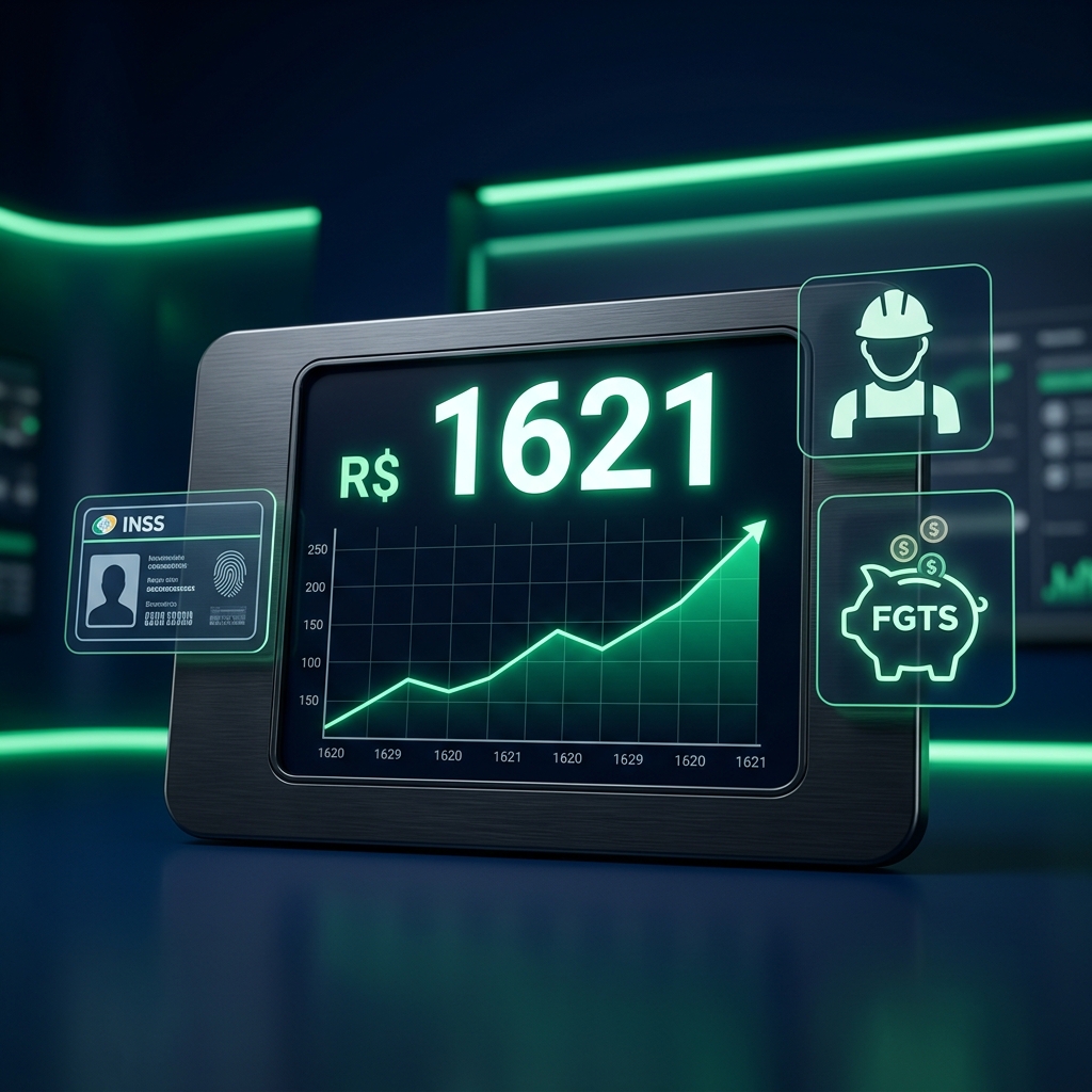 Dashboard financeiro mostrando o valor do salário mínimo 2026 de R$ 1.621