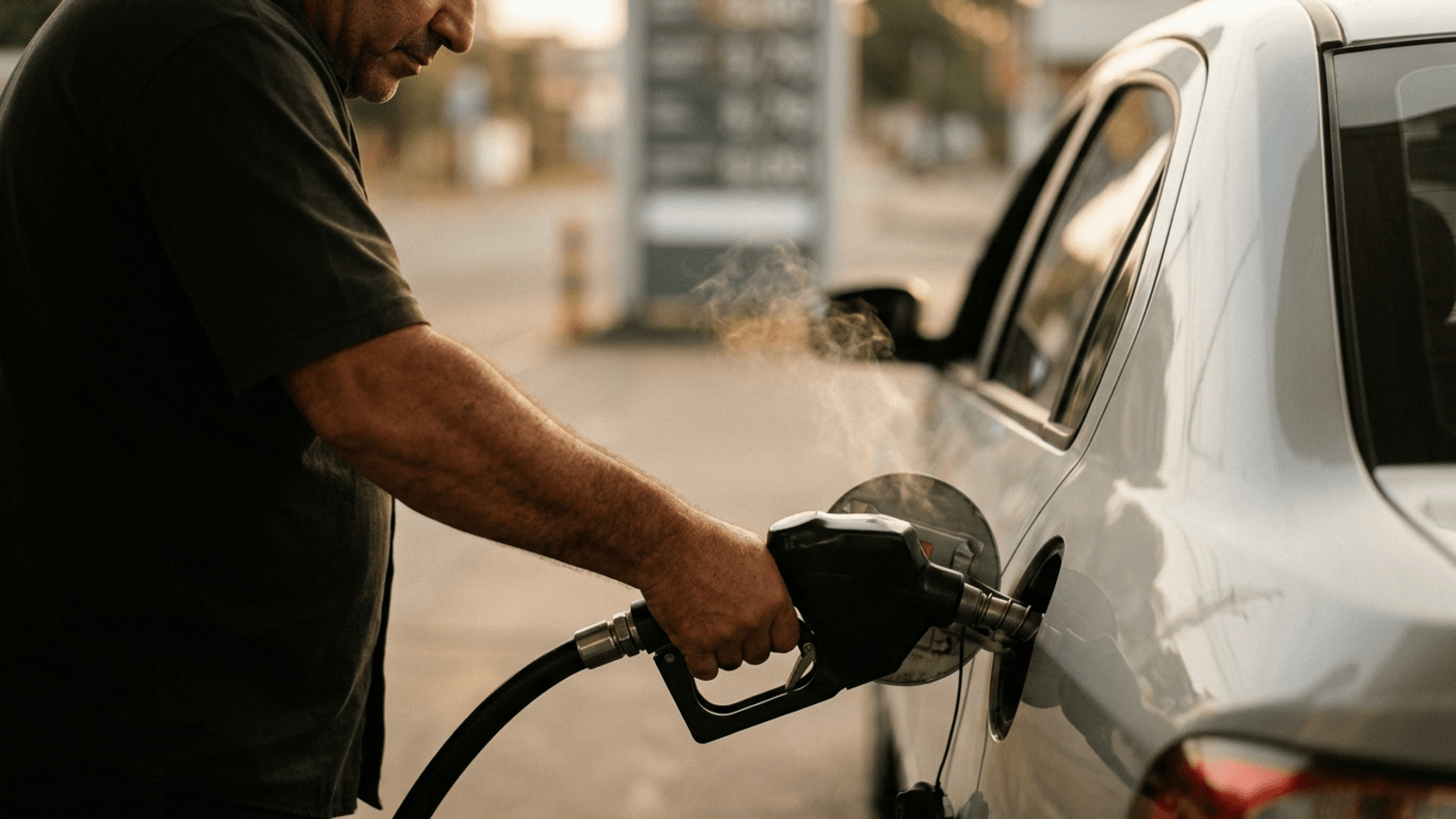 Bomba de combustível em posto brasileiro com o painel de preço da gasolina em destaque