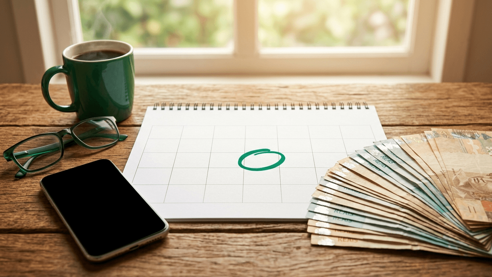 Calendário de julho com dia 31 marcado ao lado de dinheiro e celular — terceiro lote da restituição do IR 2026